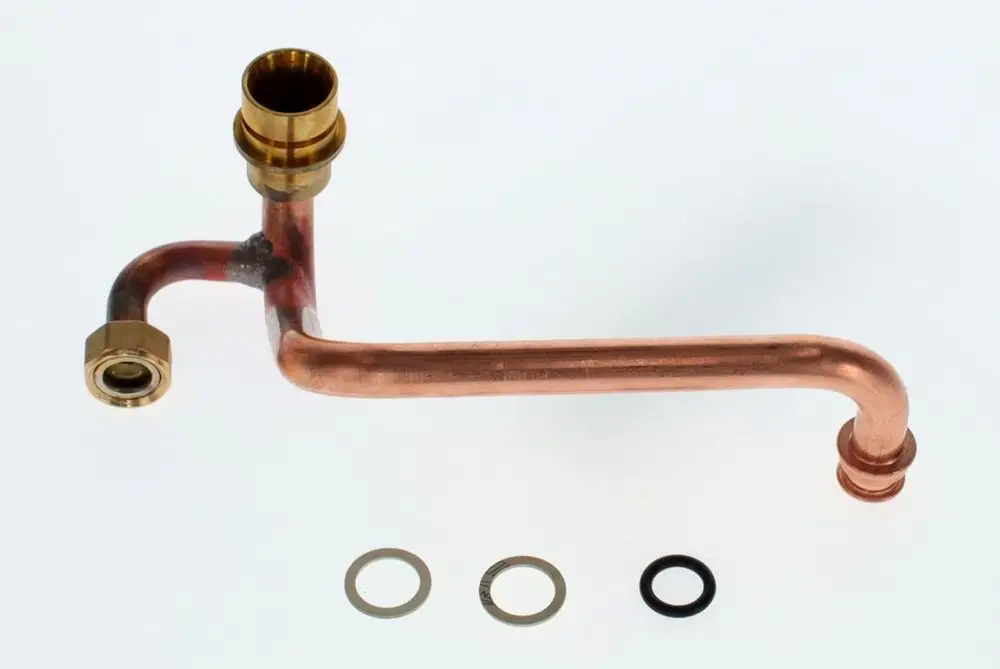 Kupferrohr mit zwei Anschlusskämpfen und Dichtungsringen, eine typische Komponente für Bosch-Geräte zur Heizungs- oder Wasserinstallation.